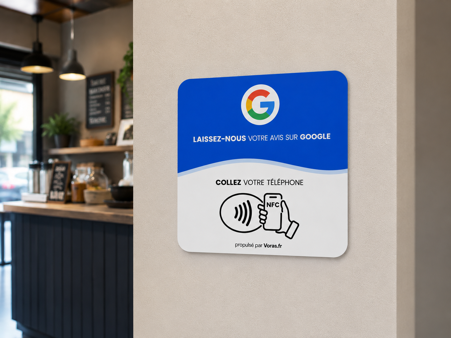 Plaque VORAS fixée au mur d'un café